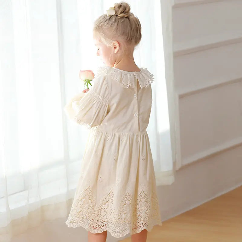 Spring and Autumn Solid Color Long-sleeved Dress with Lace Collar for 