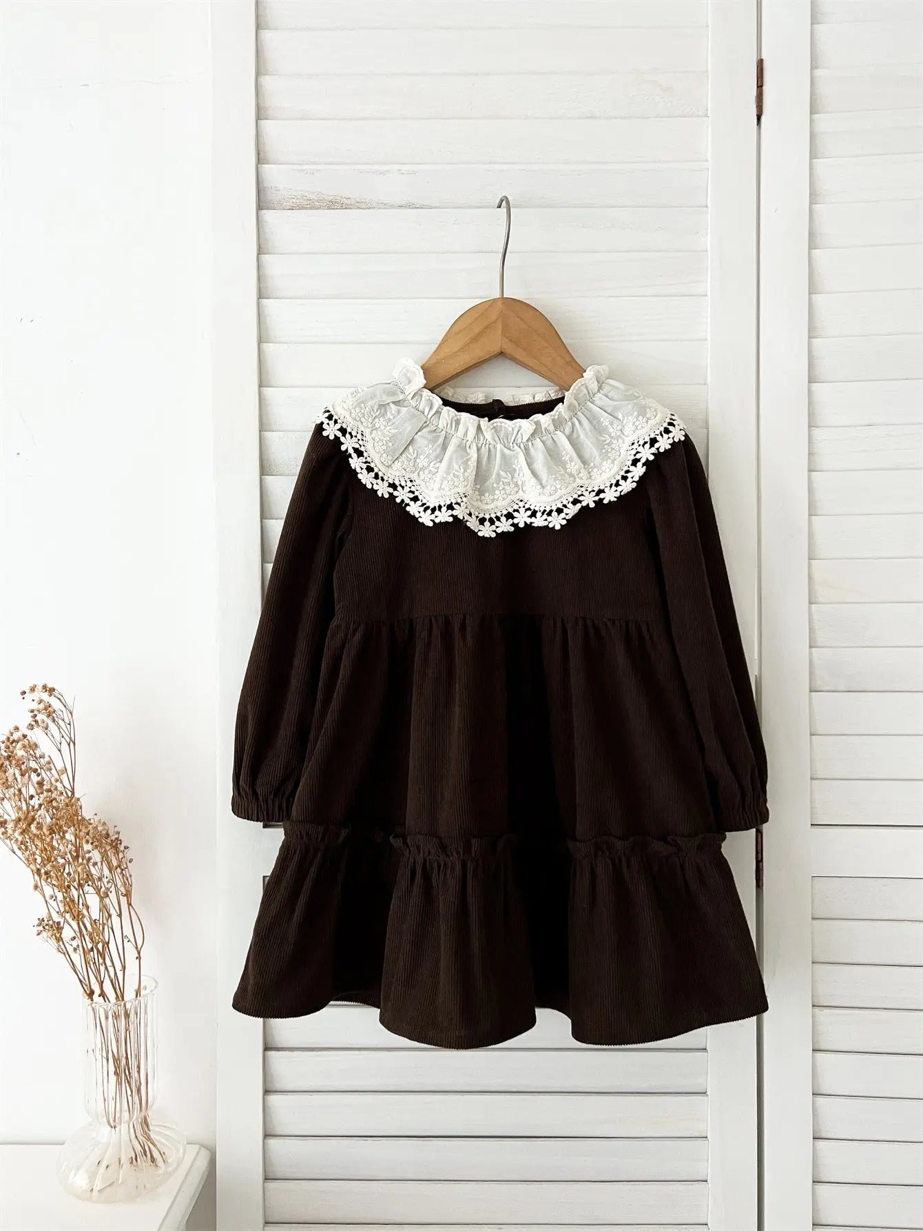 Spring and Autumn Corduroy Long-sleeved Dress with Lace Collar for 