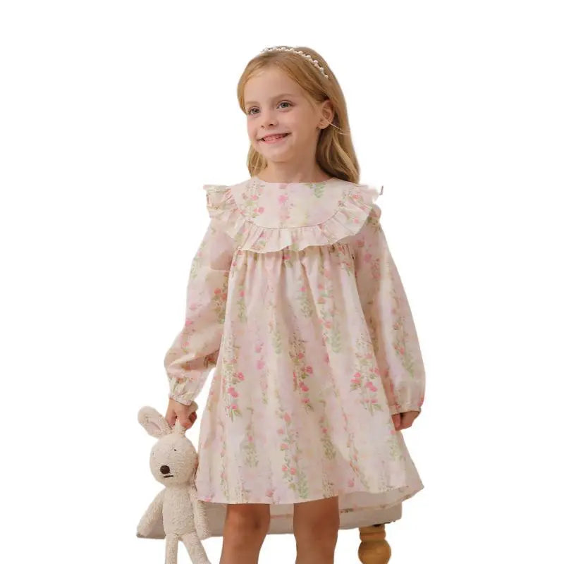 Spring and Autumn Flowers Print Crew Neck Long-sleeved Dress for 