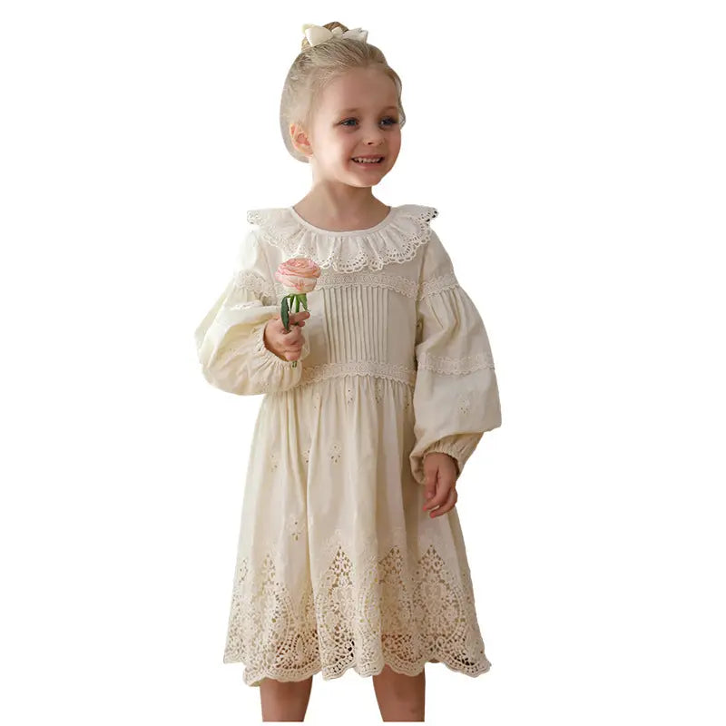 Spring and Autumn Solid Color Long-sleeved Dress with Lace Collar for 