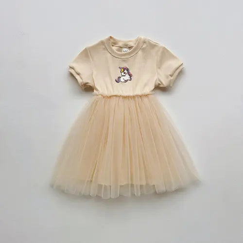 Summer Baby Kids Girls Short-Sleeved Cartoon Unicorn Pattern Mesh 