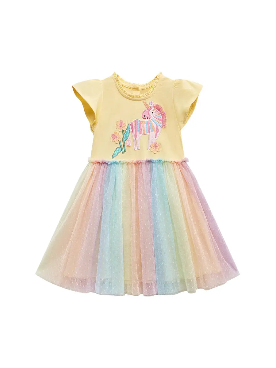 Arrival Summer Girls Unicorn Pattern Crew Neck Short Sleeves Tulle 