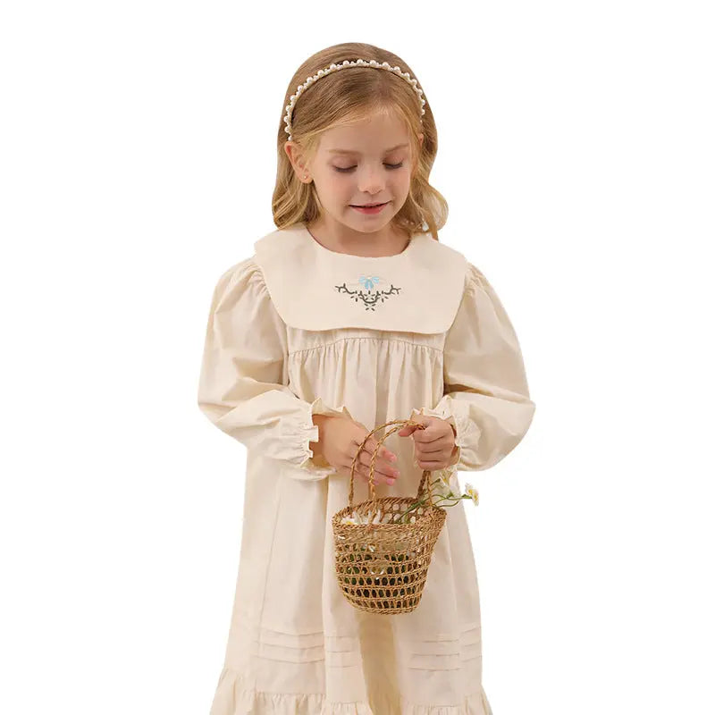 Spring and Autumn Vintage Flowers Embroidered Long-sleeved Dress for 