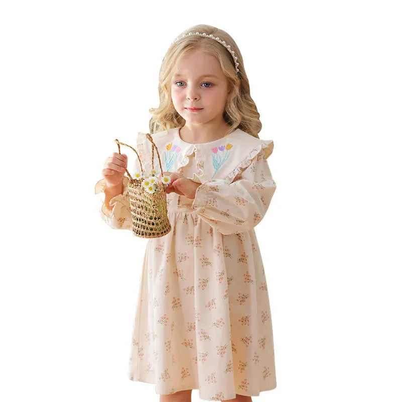 Spring and Autumn Flowers Pattern Long-sleeved Dress for Stylish Girls 