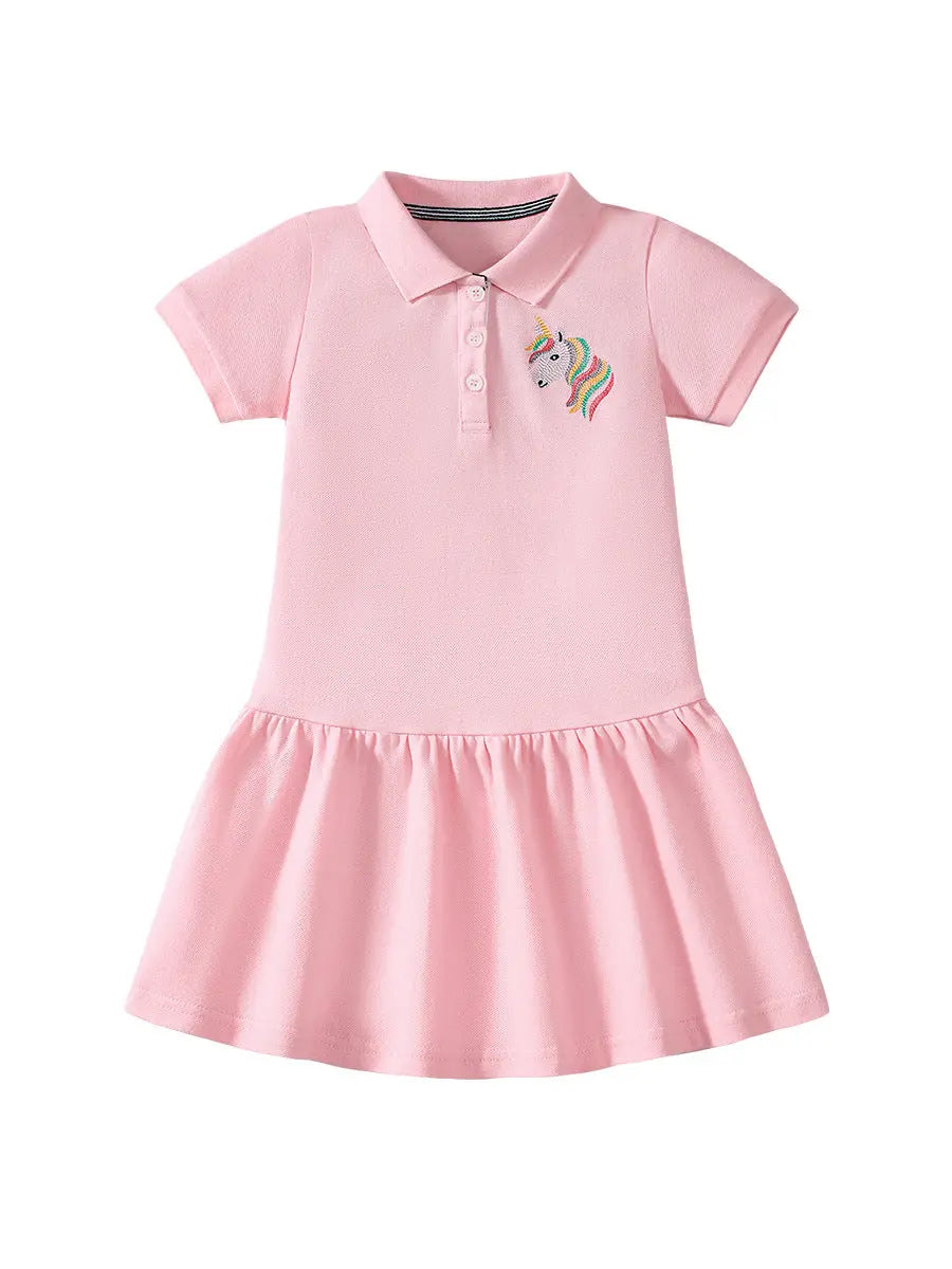 Summer Unicorn Logo Short-sleeved Pink Dress with Turn-down Collar for 