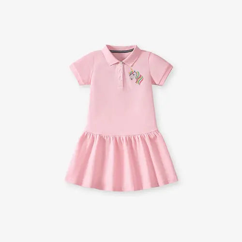 Summer Unicorn Logo Short-sleeved Pink Dress with Turn-down Collar for 