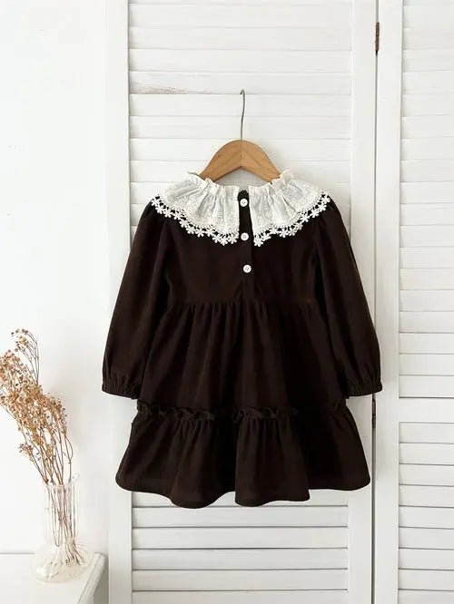 Spring and Autumn Corduroy Long-sleeved Dress with Lace Collar for 