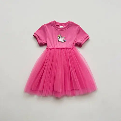 Summer Baby Kids Girls Short-Sleeved Cartoon Unicorn Pattern Mesh 