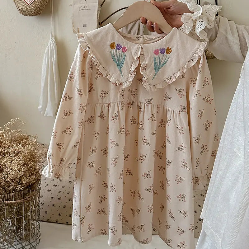 Spring and Autumn Flowers Pattern Long-sleeved Dress for Stylish Girls 