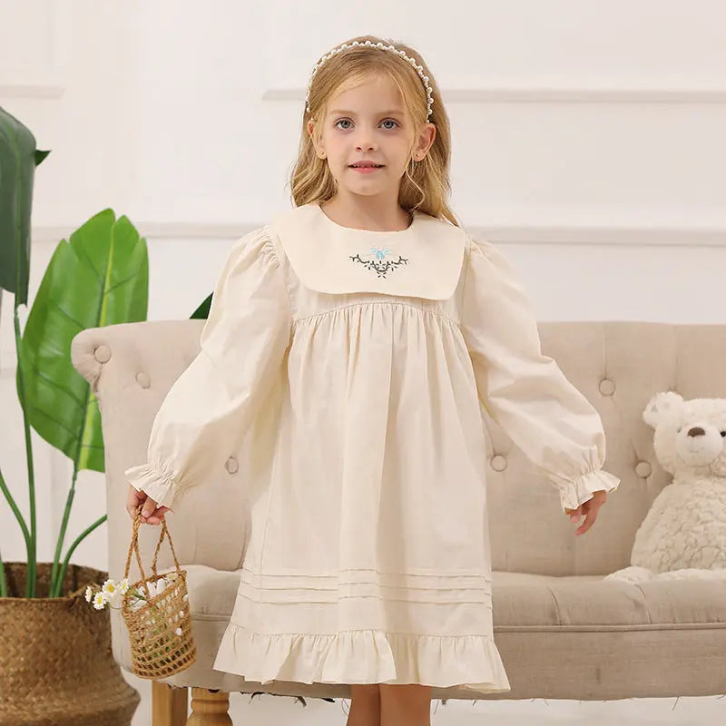 Spring and Autumn Vintage Flowers Embroidered Long-sleeved Dress for 