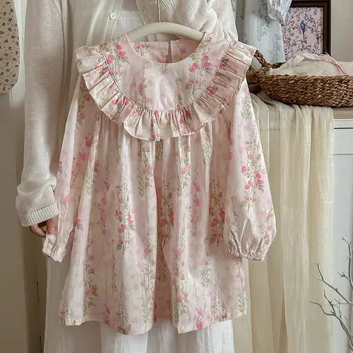 Spring and Autumn Flowers Print Crew Neck Long-sleeved Dress for 