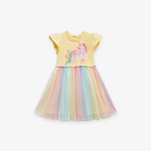 Arrival Summer Girls Unicorn Pattern Crew Neck Short Sleeves Tulle 