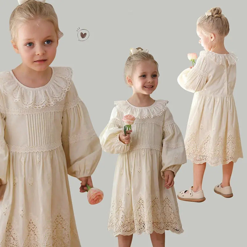 Spring and Autumn Solid Color Long-sleeved Dress with Lace Collar for 