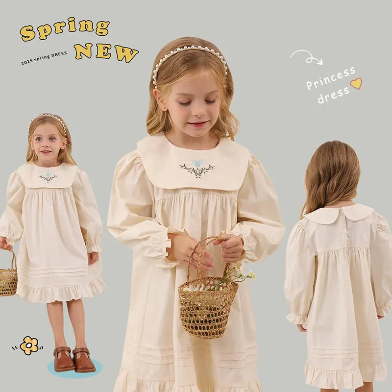 Spring and Autumn Vintage Flowers Embroidered Long-sleeved Dress for 