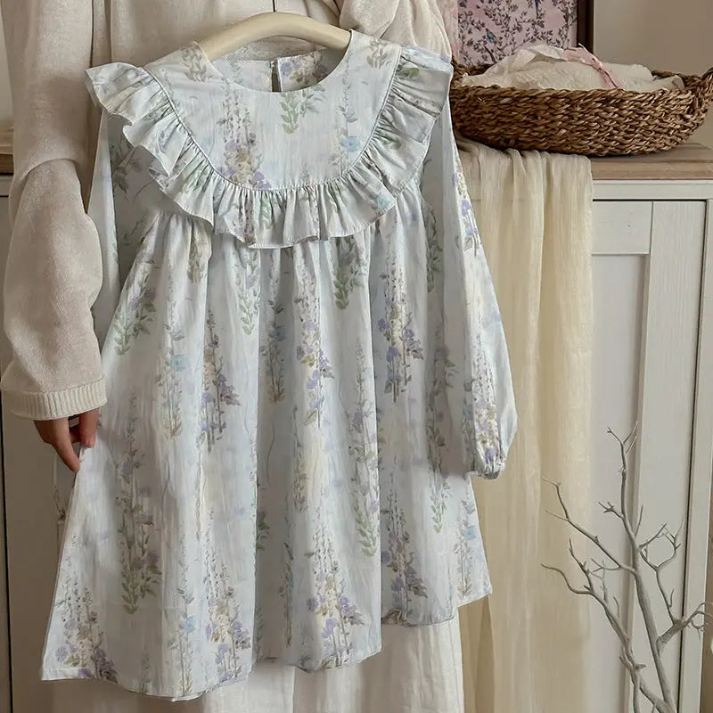 Spring and Autumn Flowers Print Crew Neck Long-sleeved Dress for 