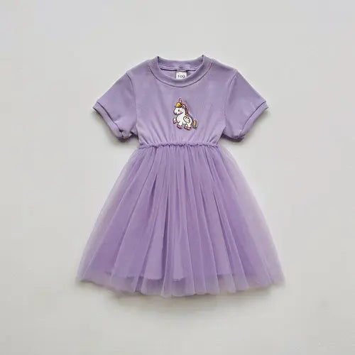 Summer Baby Kids Girls Short-Sleeved Cartoon Unicorn Pattern Mesh 