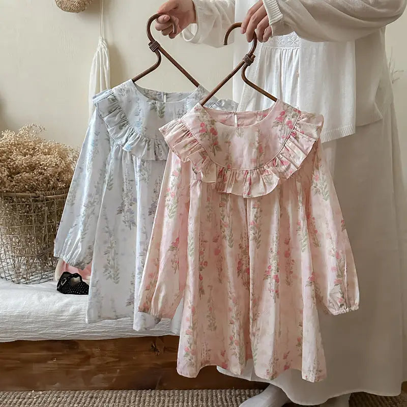 Spring and Autumn Flowers Print Crew Neck Long-sleeved Dress for 
