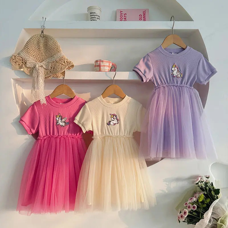 Summer Baby Kids Girls Short-Sleeved Cartoon Unicorn Pattern Mesh 