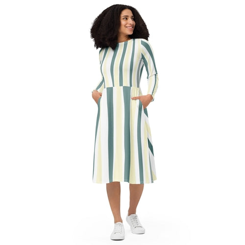 Womens Long Sleeve Midi Dress - Green Yellow Geometric Lines