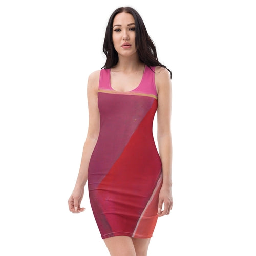 Womens Stretch Fit Bodycon Dress - Pink Mauve Red Geometric Pattern